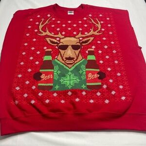 Gildan Red Holiday Reindeer Sweater Vest with Green and Brown Accents